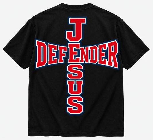 Jesus Defender tee — black shirt with cross typography reading JESUS DEFENDER